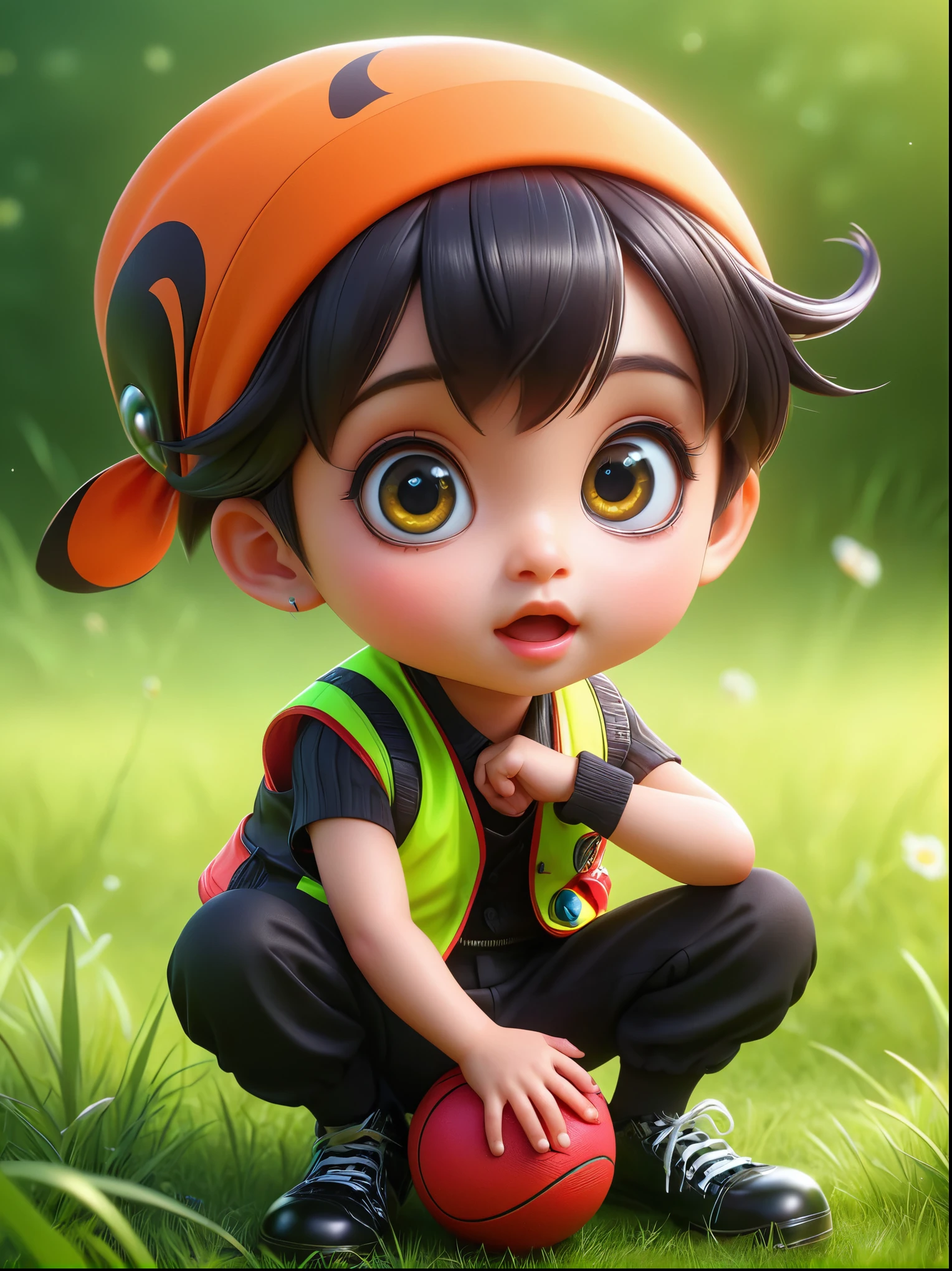 (chibi)，masterpiece，Best quality，Original，Official Art，whole body，Realistic cute children，big eyes，Sit and play with the ball，grassland，Wearing a vest，Black pants and black shoes，Fashion trend，Kanikaron style hairstyle，Product Perspective，Detailed facial details，Perfect face，Clarity，Trendy Art，sharp detailed face，Neon light，Background blur，Cartoon shading, , 1fkxc1