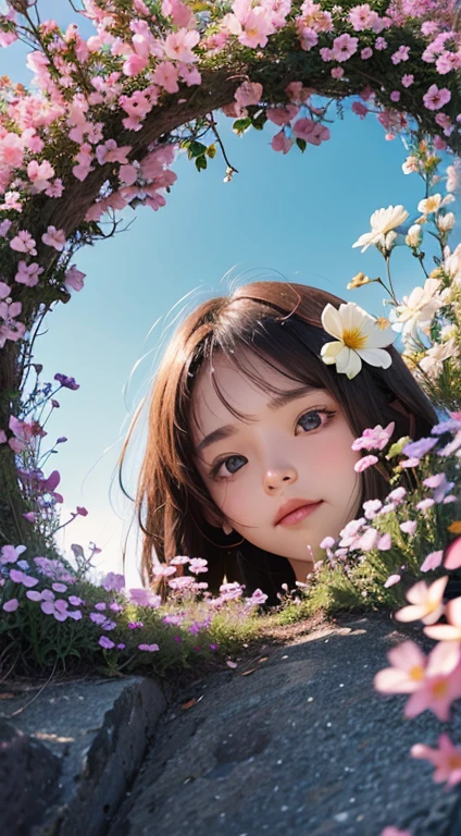 1girl, lying, (photorealistic:1.4), official art, unity 8k wallpaper, ultra detailed, beautiful and aesthetic, masterpiece,best quality, glowing skin, (flower field:1.4), dynamic angle, light smile, white dress, lens flare (floating colorful ink:1)