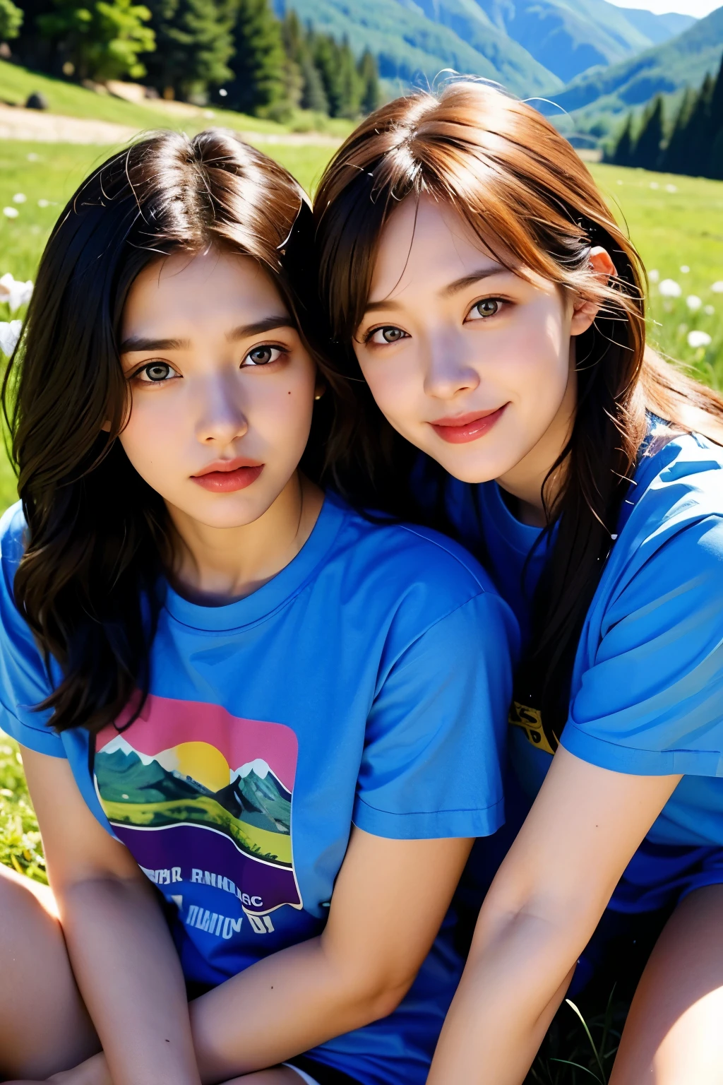 2 Girls, ideal , t-shirt, grass mountain flower background, Lesbian couples