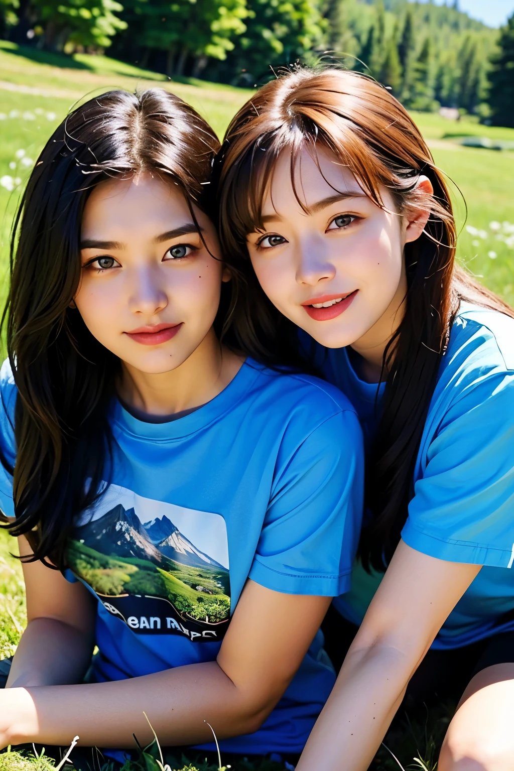 2 Girls, ideal , t-shirt, grass mountain flower background, Lesbian couples