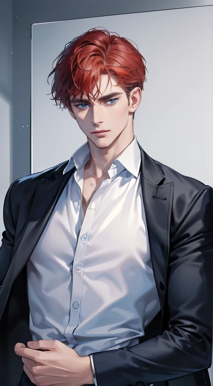 (best quality, masterpiece, 8K, photorealistic, cinematic lighting, 1:4 hdr image, ultra detailed, beautiful image), a mature man, 34 years very handsome, ((cold expression)), short red hair, blue eyes, face perfect without mistakes, ((buttoning his jacket, CEO))