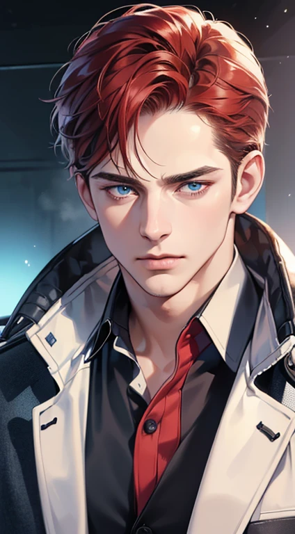 (best quality, masterpiece, 8K, photorealistic, cinematic lighting, 1:4 hdr image, ultra detailed, beautiful image), a mature man, 34 years very handsome, ((cold expression)), short red hair, blue eyes, face perfect without mistakes, ((buttoning his jacket, CEO))
