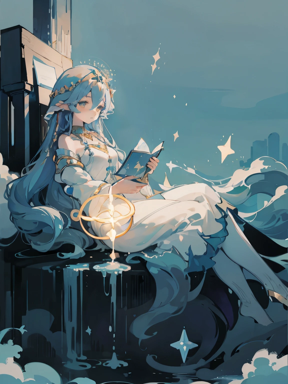 ((SFW)), Layla, card, pretty, beautiful, and mesmerizing background, a character in the middle, perfect composition representing a tarot card, the most mesmerizing composition of an artwork, eternally ethereal artwork,  (best quality,4k,8k, high res,masterpiece:1.2), ((masterpiece)), (((best quality))), slightly muted colors, Illustration, 1 girl, hair color, hairstyle fax, eyes, environment change, clouds, flowy hair, stars in hair, adult, starry eyes, sea, ocean, celestial, hairstyle fax, deity, muted blue hair, sky-like hair with stars, ocean hair, night sky, abyss theme, (ethereal being), ethereal pose, soft smile, (({comforting aura})), tiny blue stars everywhere, 2d painting, ({ethereal painting}), amano yoshitaka