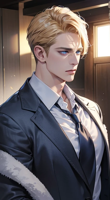(best quality, masterpiece, 8K, photorealistic, cinematic lighting, 1:4 hdr image, ultra detailed, beautiful image), a mature man, 34 years very handsome, ((cold expression)), short golden hair, blue eyes, face perfect without mistakes, ((buttoning his jacket, CEO))