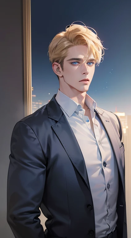 (best quality, masterpiece, 8K, photorealistic, cinematic lighting, 1:4 hdr image, ultra detailed, beautiful image), a mature man, 34 years very handsome, ((cold expression)), short golden hair, blue eyes, face perfect without mistakes, ((buttoning his jacket, CEO))