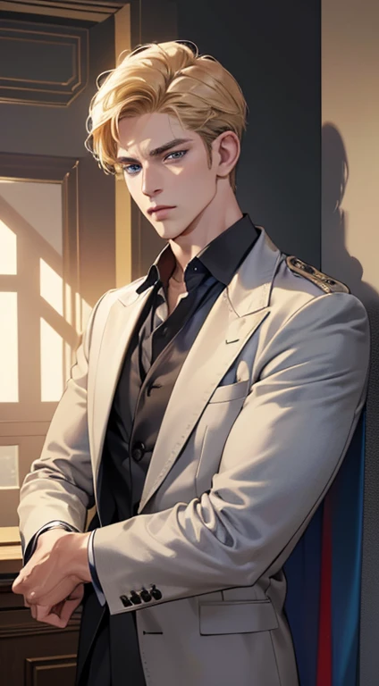 (best quality, masterpiece, 8K, photorealistic, cinematic lighting, 1:4 hdr image, ultra detailed, beautiful image), a mature man, 34 years very handsome, ((cold expression)), short golden hair, blue eyes, face perfect without mistakes, ((buttoning his jacket, CEO))