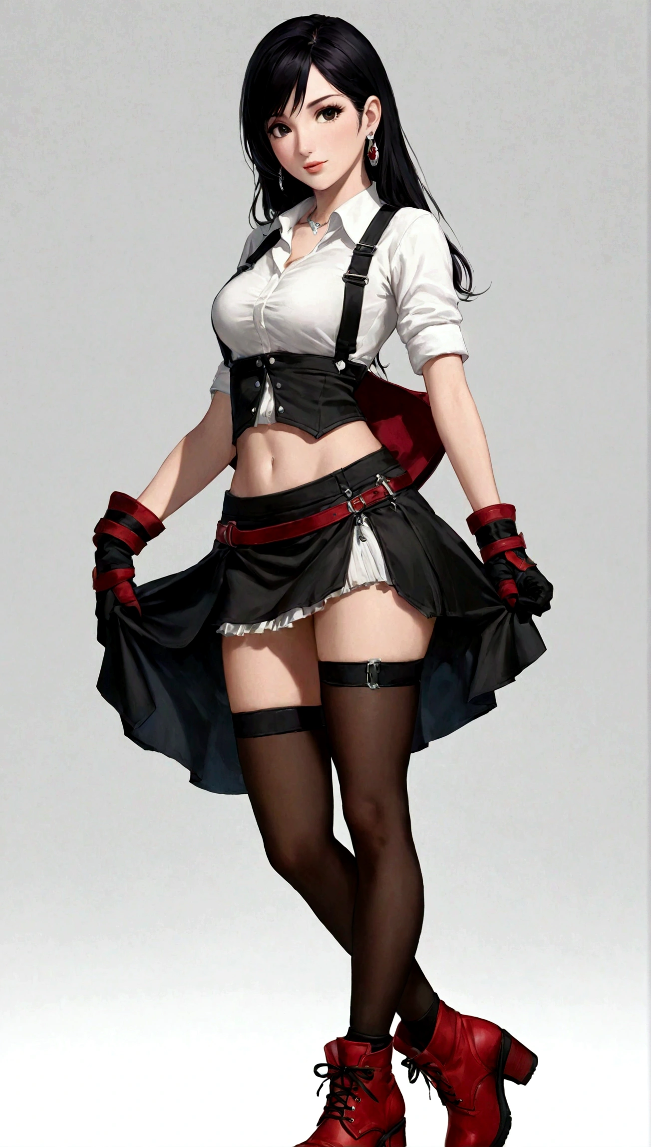 1 girl，One hand on her hip，One hand on waist，White background，Black Hair，黑色skirt，，earrings，肘Gloves，Elbow pads，无指Gloves，Gloves，Jewelry，Long hair，Crouching，miniskirt，belly button，Pencil Skirt，Red footwear，skirt，solo，Suspenders裙，Suspenders，Vest，tifa lockhart
