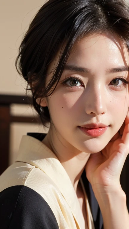 ((Beautiful Japanese Women)),Small breasts,, (8k, RAW Photos, highest quality, masterpiece:1.2),(Realistic, photo-Realistic:1.37),Very delicate and beautiful,8k,In detail,Beautiful details,highest quality,Ultra-high resolution,((Very detailed)),(photo-Realistic:1.37),(((Black short hair)))、((Mole on the corner of the eye))、(Thin eyebrows)、((double eyelid))、((Tear bags))、Fine skin、((kimono))、smile、Kyoto cityscape、((Golden ratio of the face))、Slim body、(Beautiful curves)、(Clear face).Sitting