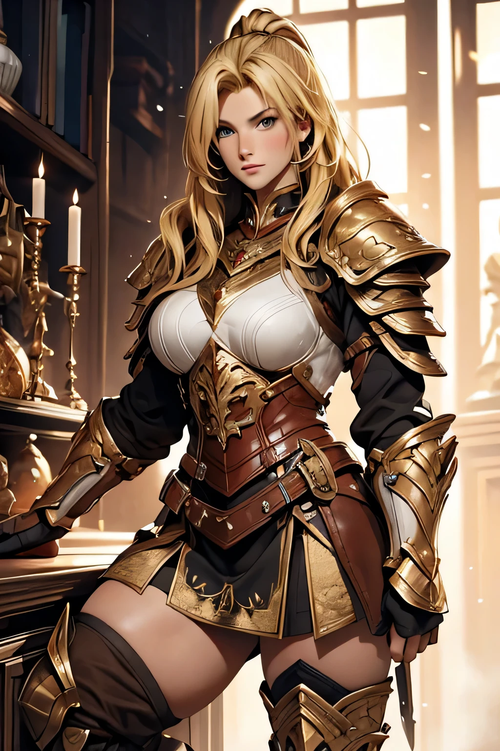 tmasterpiece,High-definition CG diagram,Beautiful female warrior,Detailed eyes and face,Tall figure,The blonde,Full armor attire,Extra-long boots,Wear knee-length boots,Over-the-knee stockings,Brilliant armor colors,Exquisite decoration,General temperament,Tall figure,Wide buttock,Thick legs,A majestic sight,Stand in the war