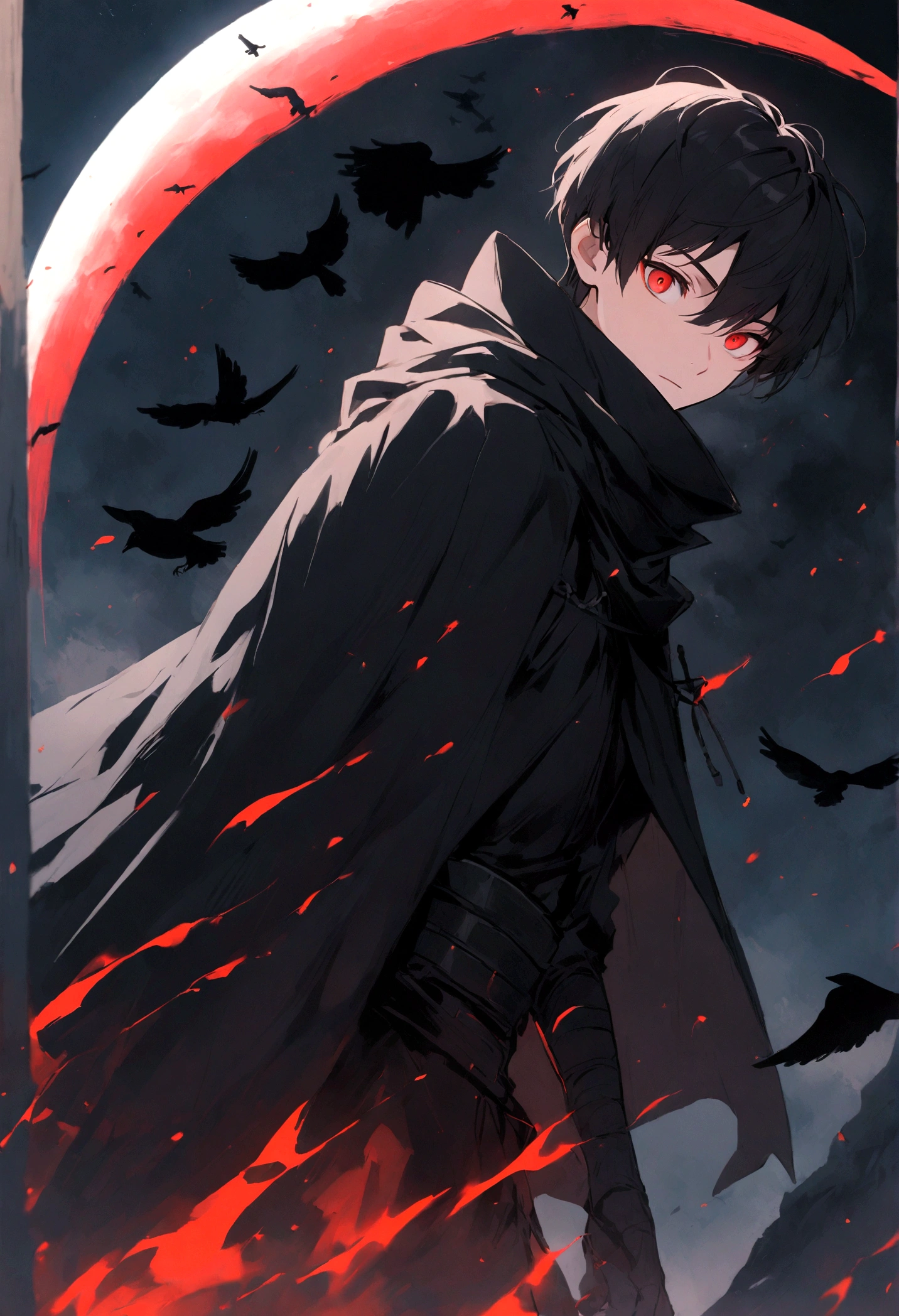 Young man, black ninja outfit, short black hair, red eyes, black cloak, black crows flying around. On the side is the moon, very red.