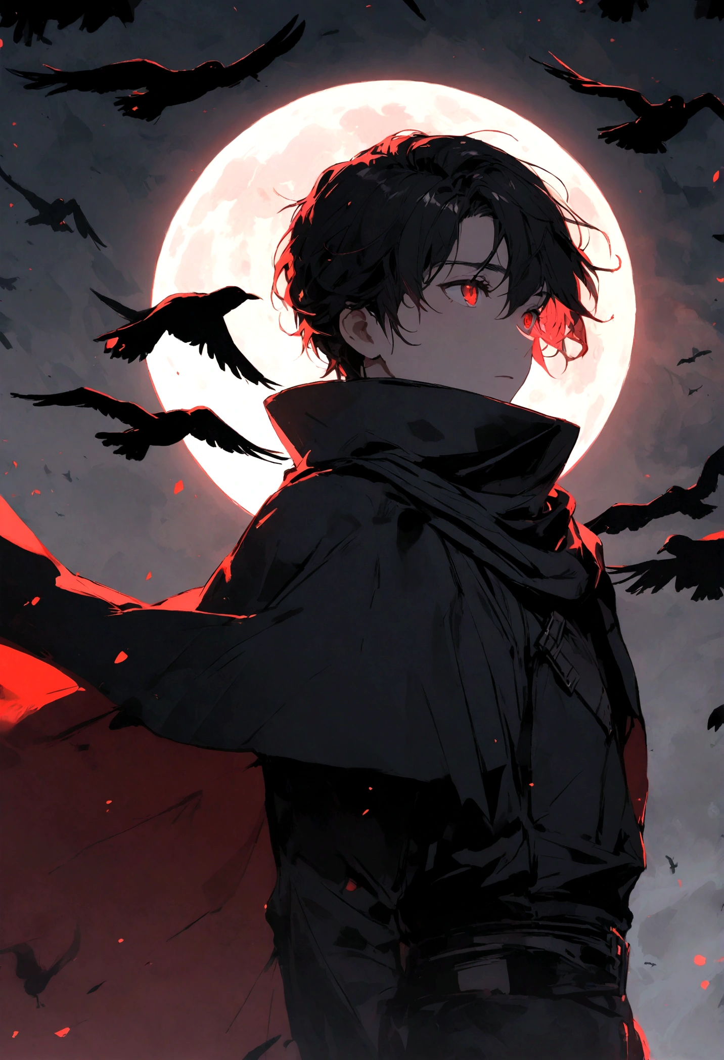 Young man, black ninja outfit, short black hair, red eyes, black cloak, black crows flying around. On the side is the moon, very red.