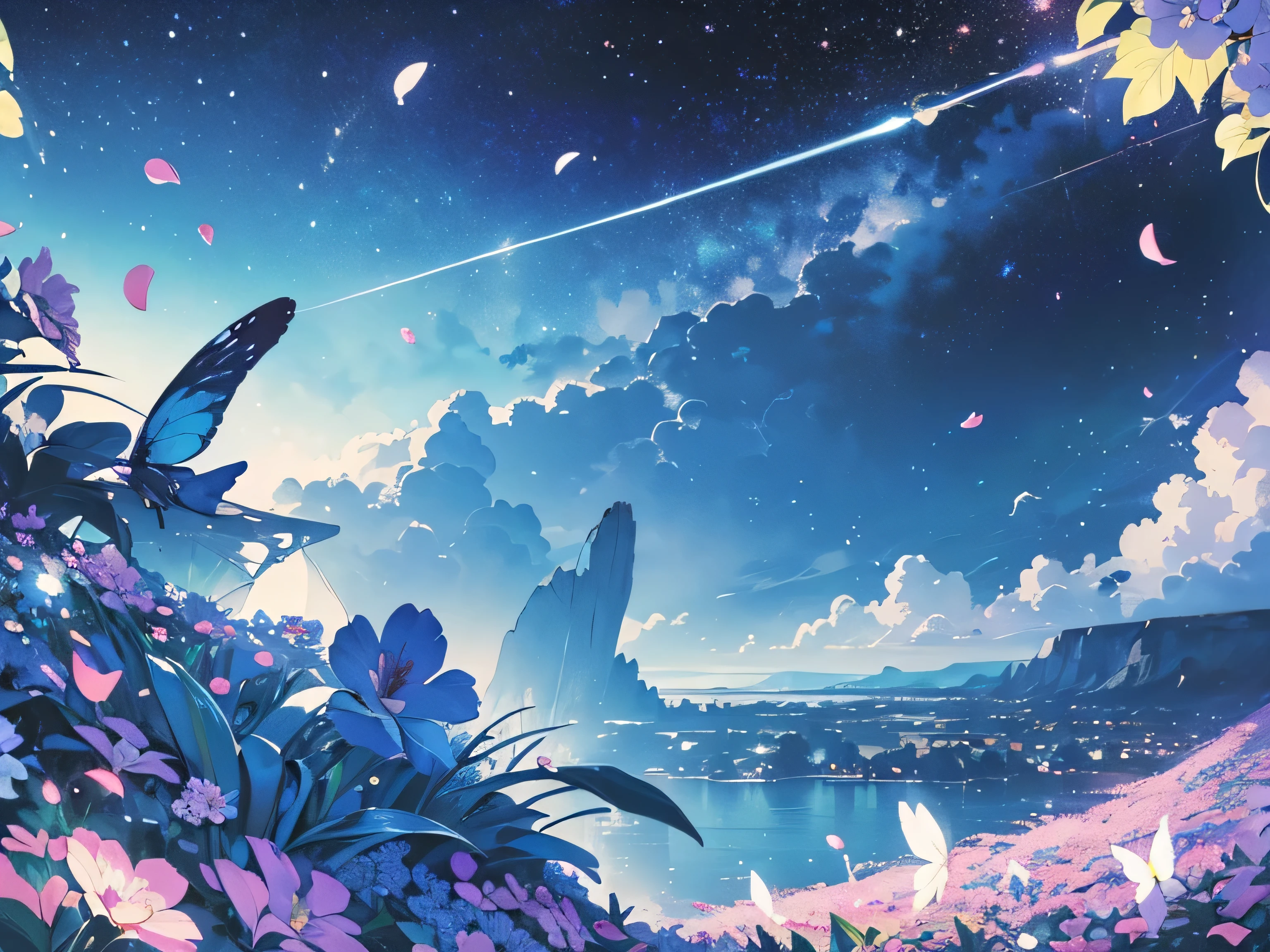 very wide white background, extreme quality, masterpiece, 8k, depth of field, intricate details, (((unattended))), very large margins, lots of text, corporate logo, space, movie poster, (((Outer space))), ((flower garden with sea view)))), nostalgia, panorama, long shot, backlight, (((Various angles))),Detailed detail flowers,(((Petals fluttering in the air))), ,heaven, top quality, 8K, wind blowinglight lighting, backlight,(((no people))), (((blue color))), butterfly, bird