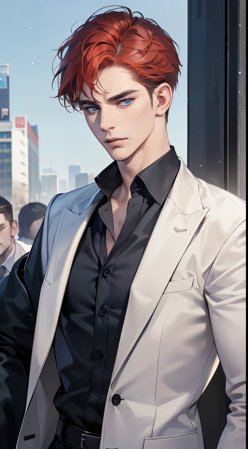 (best quality, masterpiece, 8K, photorealistic, cinematic lighting, 1:4 hdr image, ultra detailed, beautiful image), a mature man, 34 years very handsome, ((cold expression)), short red hair, blue eyes, face perfect without mistakes, ((buttoning his jacket, CEO))