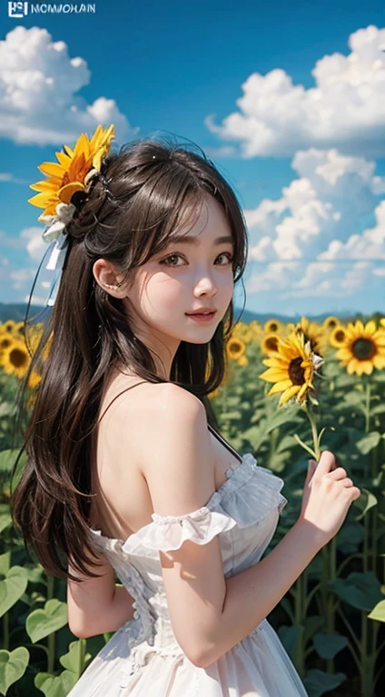   Flowers and blue sky、Summer sky and beautiful sunflowers、Landscape photo of a vast sunflower field、（View of the sky and wilderness from below）、Girl looking up at the blue sky、Draw a big picture of the sky、Tabletop、highest quality、perfect pretty smile face, Perfect Face, Five Fingers, Two Arms,