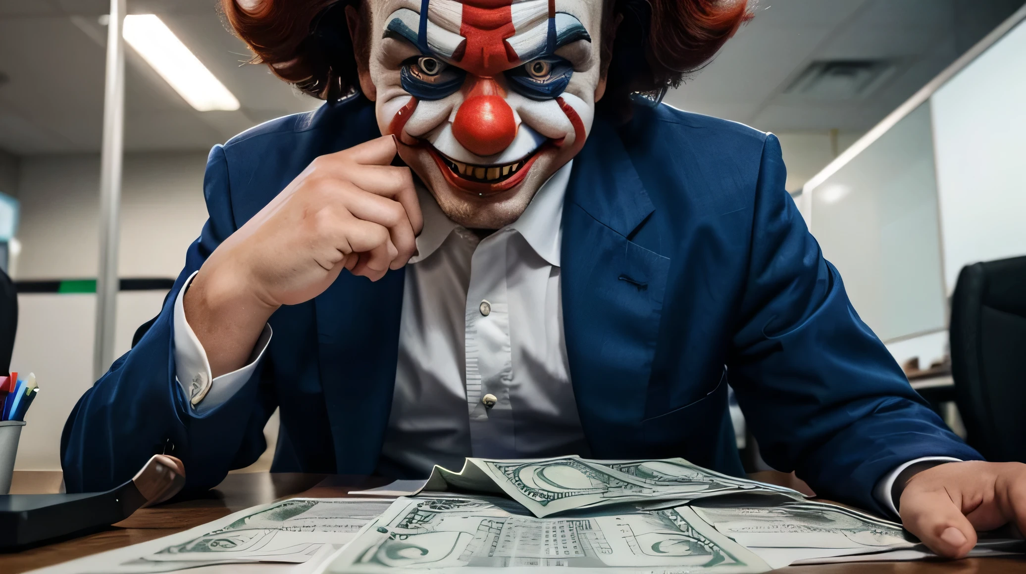 Create a high-resolution image in an open-close perspective of an evil clown wearing a blue suit, playing with much money in an office of a medium-sized company. The image should be in 16:9 format, capturing the eerie and unsettling atmosphere with the clown holding stacks of cash and displaying a sinister grin. The office setting should have typical elements like desks, computers, and office supplies, adding to the contrast between the normal work environment and the disturbing presence of the clown.