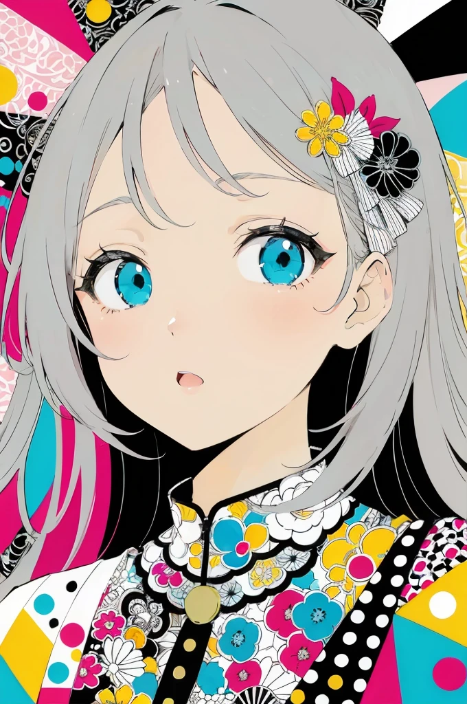 flat color,
girl looks seriously at viewer,
patchwork collage, abstract,
BREAK, (, detailed face),open mouth,
