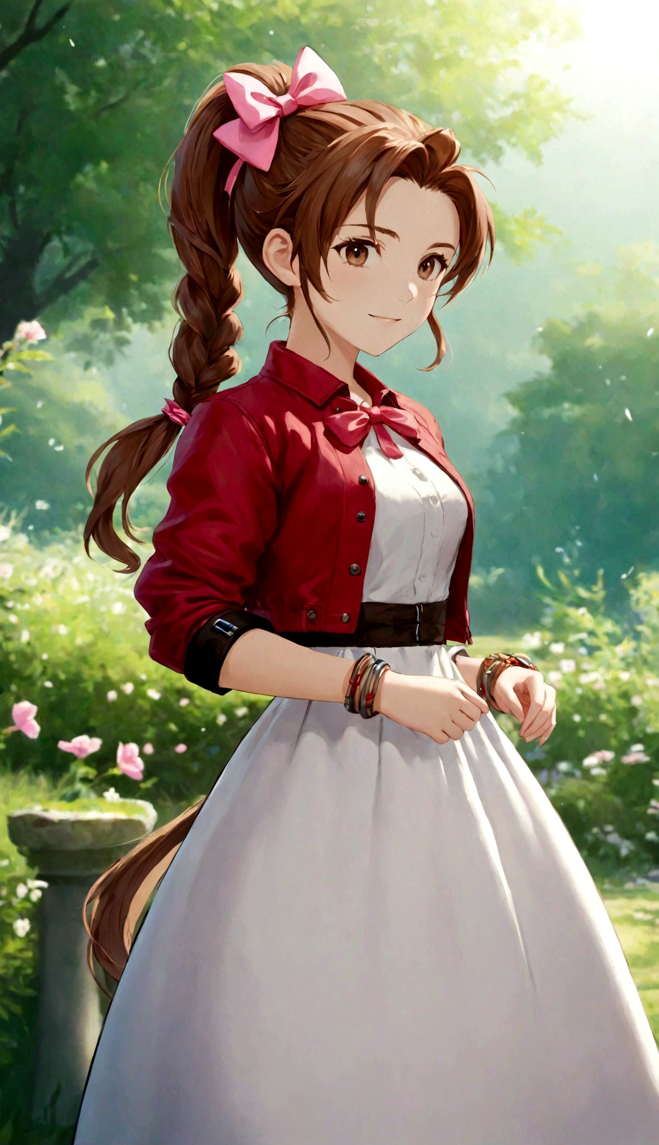 1 girl,Ponytail,bracelet,braid,braidPonytail,Brown hair,裁剪jacket,dress,jacket,Long skirt,Long hair,Pink bow,白色dress,红色jacket,solo,Aerith Gainsborough