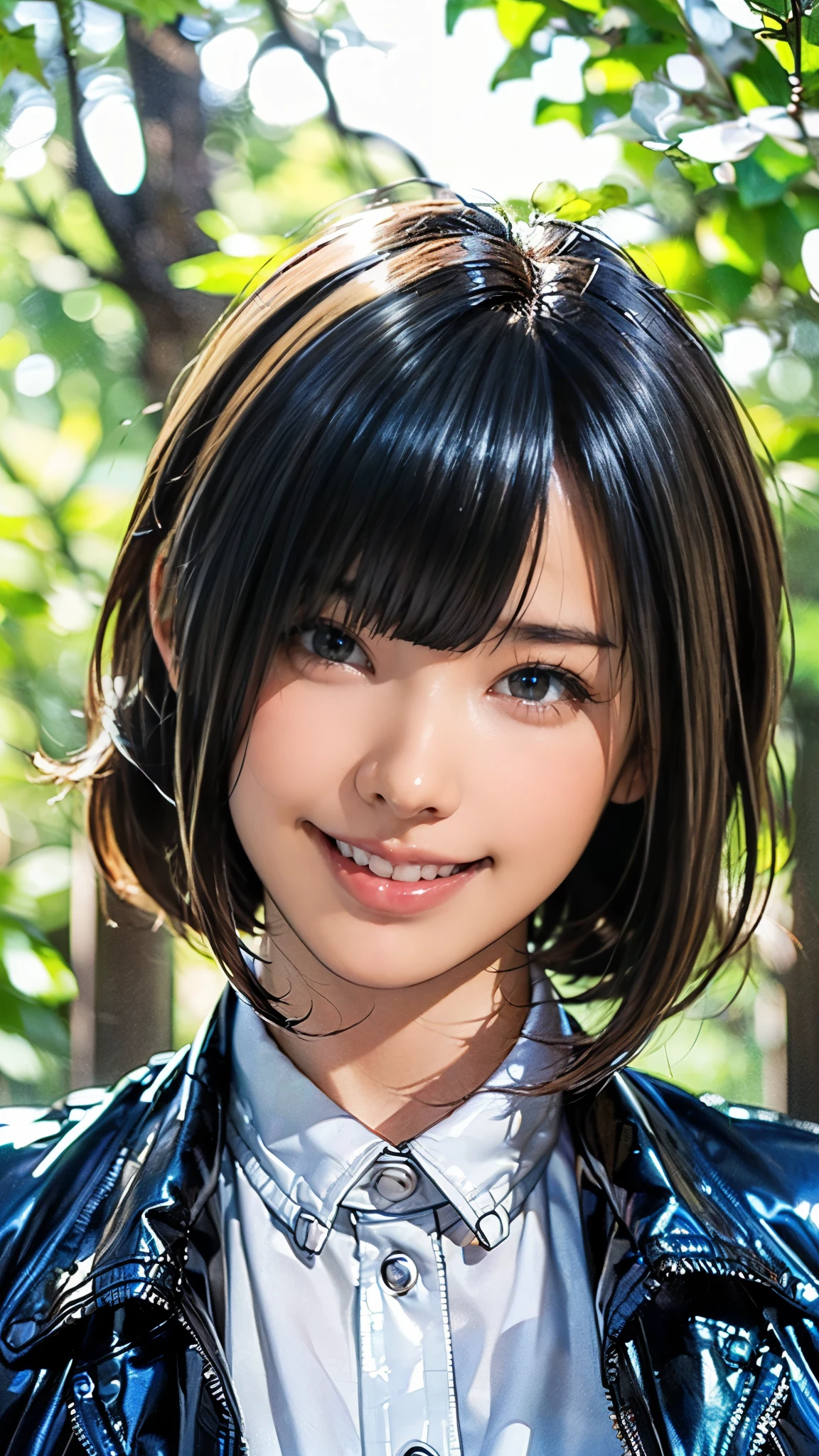 (((masterpiece:1.5),(highest quality:1.5),(Very detailed:1.5),(High resolution:1.5),(Realistic:1.5),(Realistic:1.5),(Delicate depiction),(Gentle colors))),8k,wallpaper,break,1 girl,New Female Employee,(Face close-up:1.5),(front),Japanese,Short Bob,(Jet Black Hair:1.5),(Beautiful Hair:1.5),(Shiny Hair:1.3),(Detailed hair drawing:1.2),(Peek into:1.5),(Fine skin:1.5),(Shiny skin:1.3),(Beautiful Face:1.5),(Cute Face:1.5),(smile:1.5),(Laugh with your mouth closed:1.5),(Beautiful Teeth),((Wearing a fashionable jacket:1.5)),((Wearing a cute shirt:1,5)),(Chic colored clothes),(Spring background:1.5),((Sunlight filtering through the trees:1.5)),(((Blur the background:1.5)))