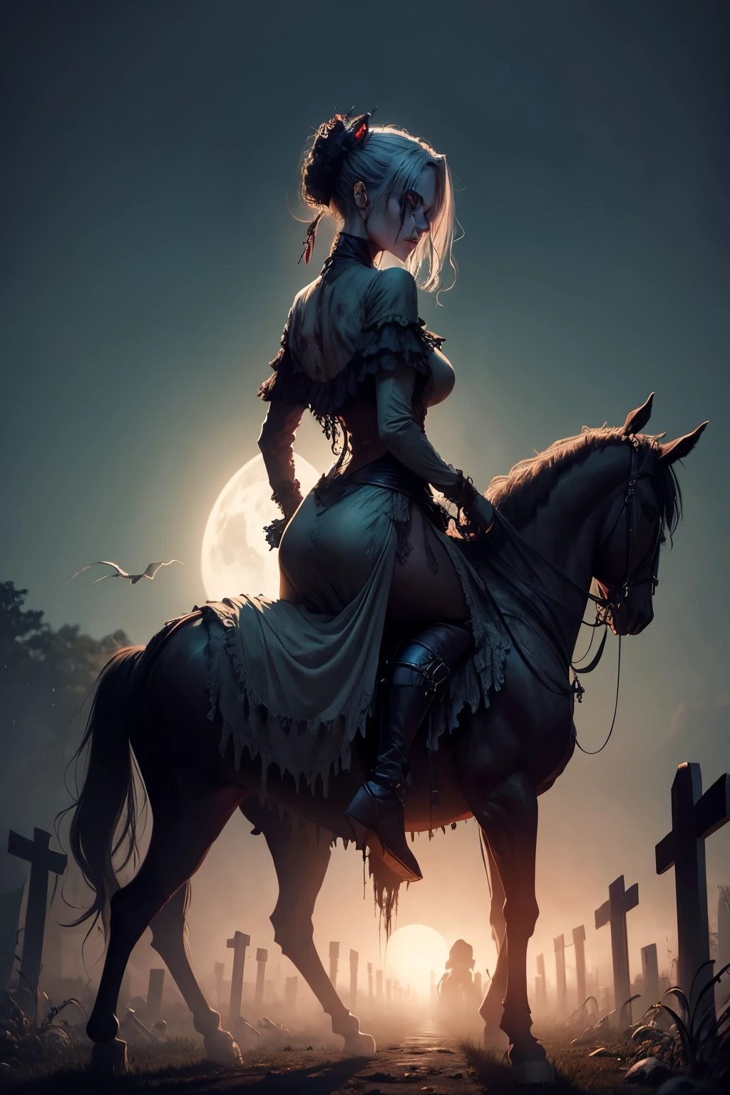 Decomposing Zombie Woman, riding a horse through the cemetery in the moonlight, roupas sexys, realista (melhor qualdiade) (4k) dark cinematic setting