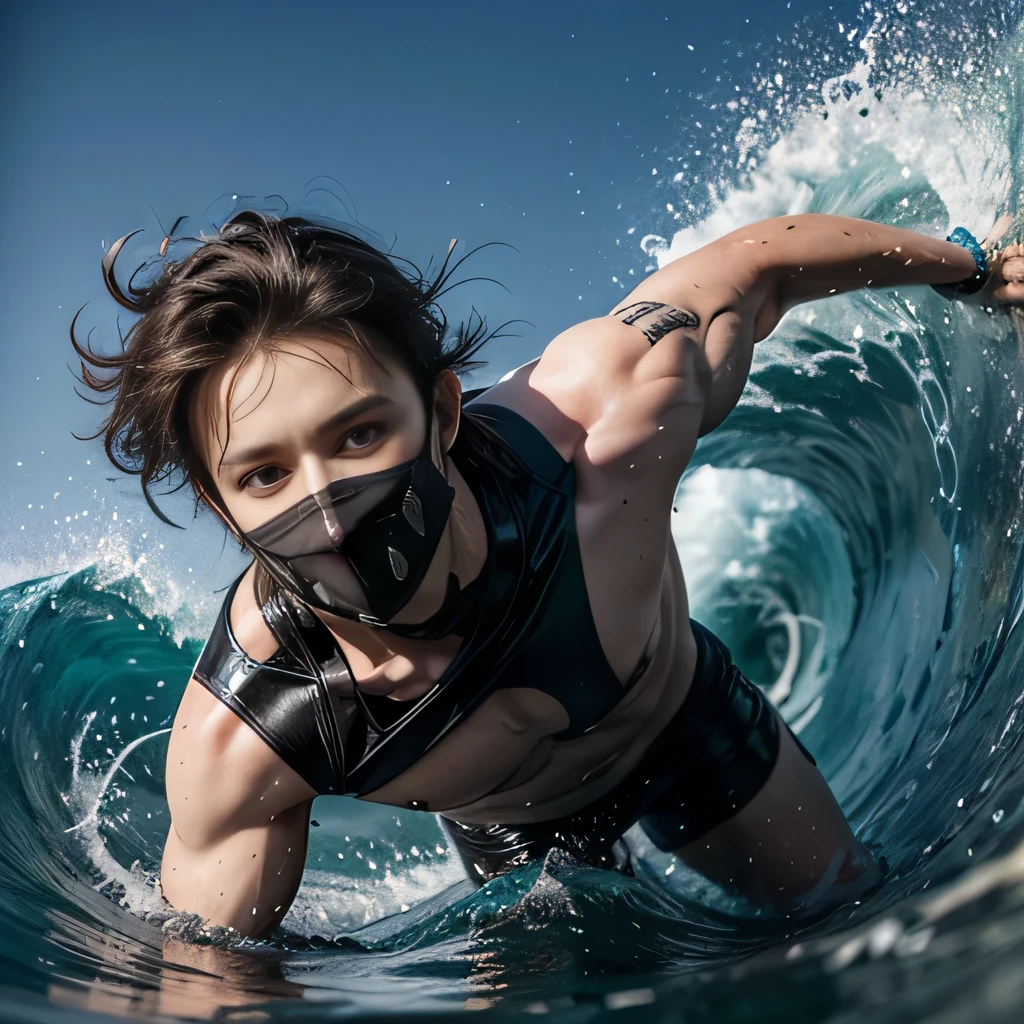 raw photo , 8K, ultra detailed, (realistic:1.2), (1man, ninja, mask:1.3), (dynamic:1.3),(wave:1.3),