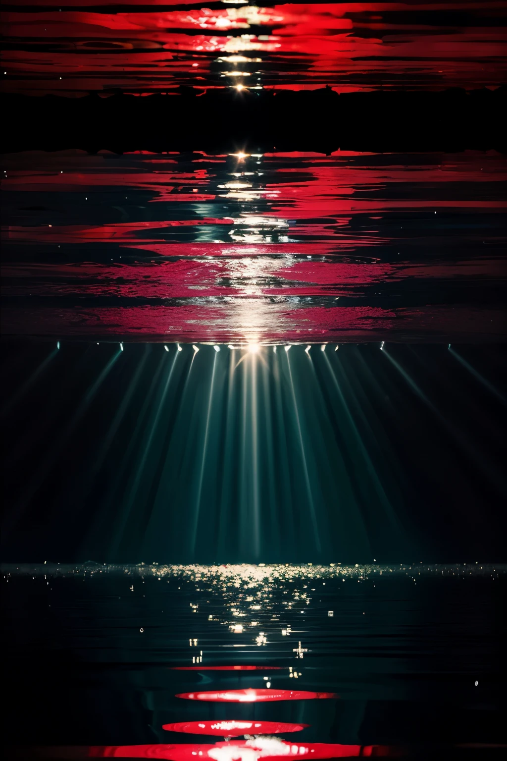 Create an image featuring a dark, dimly lit environment with a reflective, wet floor. The floor has a puddle of water in the center. Throughout the image, there are fragments of broken mirrors falling from above, with some pieces touching the water and creating ripples upon impact. The scene is illuminated by red glimmers reflecting off the mirror fragments, adding a vibrant contrast to the dark background. The red reflections on the water and the mirror fragments should be prominent, highlighting the shattered mirrors and the rippling water effect. The overall atmosphere is mysterious and surreal, with the darkness of the background accentuating the bright red reflections.