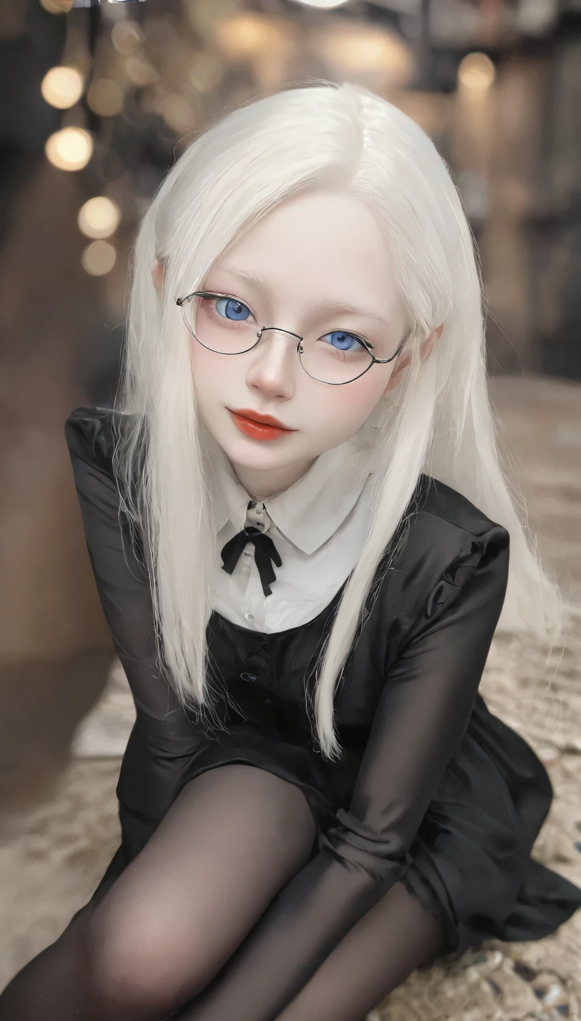 ((Ultra-realistic illustrations:1.3)),(Black clothes), Cute 18 year old (albino:1.4)Women of Slavic descent.(short:1.1), , Long white hair, Grey Eyes, ((Very pale:1.4)). Innocent look. kind.(virgin), (joy:1.2),(smile:1.3). (Playful:1.2). mascara, Glasses, Red lipstick, dress, (Black Pantyhose), pumps. masterpiece, (Very detailed:1.2),(Detailed face and eyes:1.2), 8k wallpaper, Moody lighting. Core Shadow, High Contrast, Bokeh.