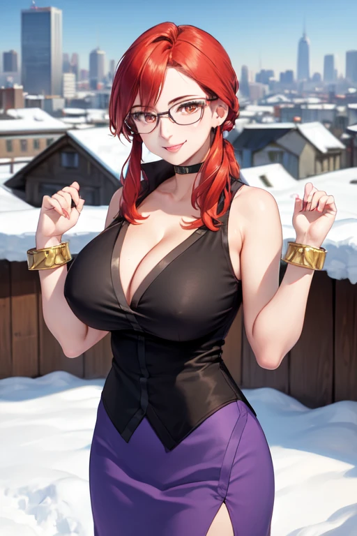 masterpiece, best quality,  Lorelei, Red hair, side fringe, Glasses, Black shirt, Sleeveless, bracelet, Purple skirt, (((Full breasts,)))(((Large Breasts))) Expose((Cleavage)),, Smile, looking at the audience, winter, city View, snow, hands up