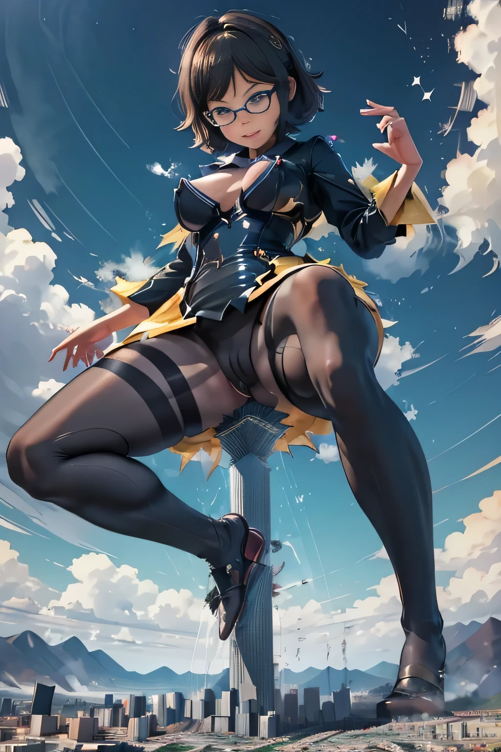 giantess art, highly detailed giantess shots, giantess, Two legs, Five fingers, short hair, A beautiful girl who is bigger than a skyscraper, Wearing rimless glasses, smile, Big Breasts, In underwear, Black Pantyhose, black pantyhose, no shoes on, toes visible through pantyhose, Steam coming out from the soles of my feet, Destroying cities, A very small big city, Miniature metropolis, Full body description, GTS, giga giantess, stomping city, crash city, tiny city, micro city, pantyhose feet, High resolution, highest quality, masterpiece, transparent bodystocking,