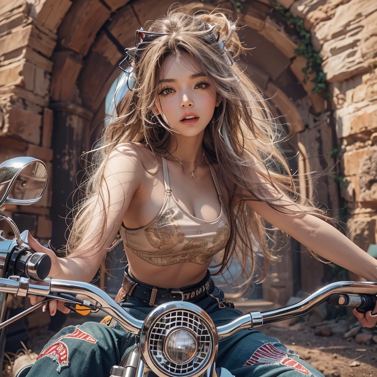 Riding a Harley Motorcycle、Running in the desert、Hair flow、 ((Highest quality、masterpiece、8K、Best image quality、Ultra-high resolution、Award-winning works)、(Woman close up&#39;face:1.35)、(裸faceのクローズアップ:1.3)、(Accurate anatomy:1.1)、(Look at me and smile:1.1)、Shining fair skin with Ultra-high resolution、最も詳細なface、Ultra-high resolution detailed face、Ultra-high resolutionの髪の毛、(Ultra-high resolutionの煌めく瞳:1.1)、細部まで描かれた美しいface、(Blurred Background:1.1)、