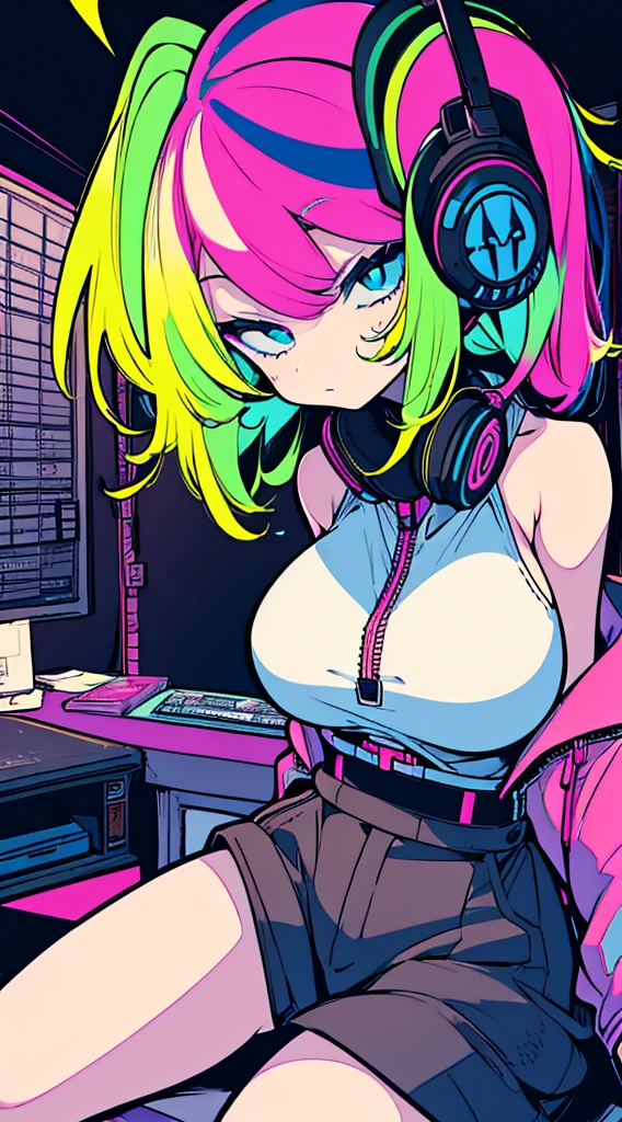 Best quality, (masterpiece:1.2), best detail face,1 girl, big breasts, 18 yo, 8k,absurdres,unity 8k wall paper,(extremely detailed:1.3), highest realistic, (retro headphones:1.1), (soft neon light:1.1), (floating hair:1.2), (psychedelic:1.2), Her room full of music equipment, Leaning back on the chair with a casual attitude, Light clothing in summer, dark yellow color palette