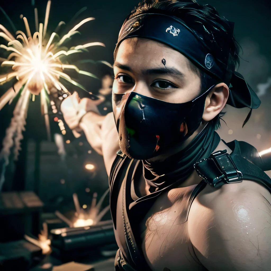 raw photo , 8K, ultra detailed, (realistic:1.2), (1man, ninja, mask:1.6), (dynamic:1.4),(explode:1.5), 