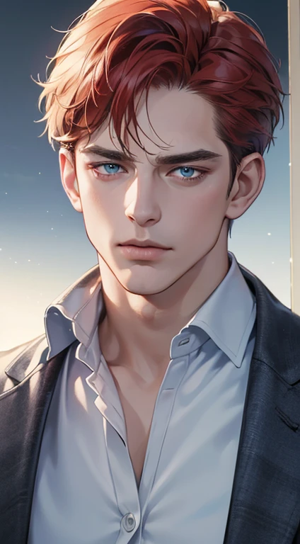 (best quality, masterpiece, 8K, photorealistic, cinematic lighting, 1:4 hdr image, ultra detailed, beautiful image), a mature man, 34 years very handsome, ((cold expression)), short red hair, blue eyes, face perfect without mistakes, ((buttoning his jacket, CEO))