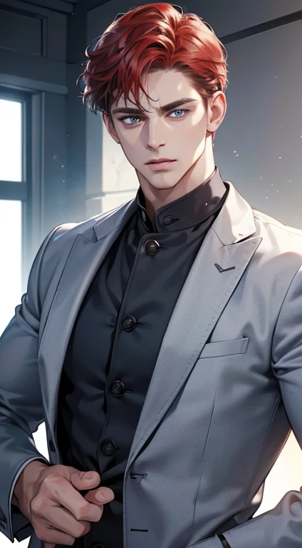 (best quality, masterpiece, 8K, photorealistic, cinematic lighting, 1:4 hdr image, ultra detailed, beautiful image), a mature man, 34 years very handsome, ((cold expression)), short red hair, blue eyes, face perfect without mistakes, ((buttoning his jacket, CEO))