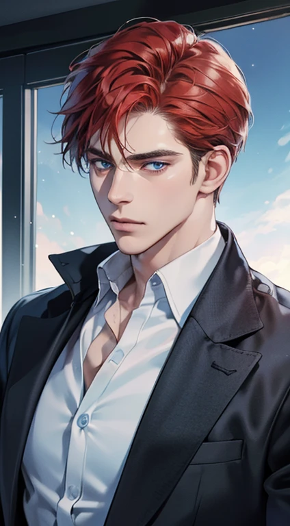 (best quality, masterpiece, 8K, photorealistic, cinematic lighting, 1:4 hdr image, ultra detailed, beautiful image), a man, 34 years very handsome, ((cold expression)), short red hair, blue eyes, face perfect without mistakes, ((buttonhis jacket, CEO))