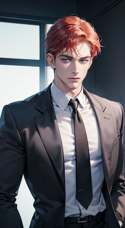(best quality, masterpiece, 8K, photorealistic, cinematic lighting, 1:4 hdr image, ultra detailed, beautiful image), a mature man, 34 years very handsome, ((cold expression)), short red hair, blue eyes, face perfect without mistakes, ((buttoning his jacket, CEO))