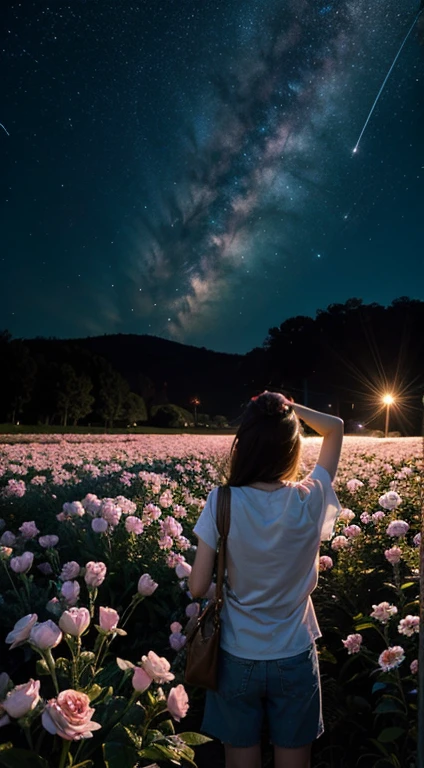 summer，night，Starry Sky， standing among the vast flowers，Looking up at the stars，Back Shadow，Realistically，Super Detail，Movie quality，Super texture