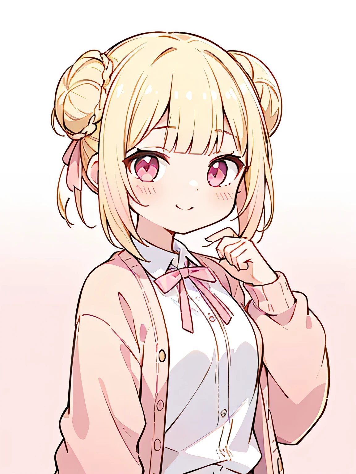 masterpiece , detailed , 1 girl , blonde hair, (gradient hair from pink to blonde:1.4 ) , ( hair bun:1.2 ) , ( blunt bangs:1.2 ) , oversized pink cardigan on white blouse shirts , red ribbon , pink short skirts , ( from front ) , smile expression , ( upper body:1.3 ) , red big dropped eyes , (( simple white background:1.3 ))