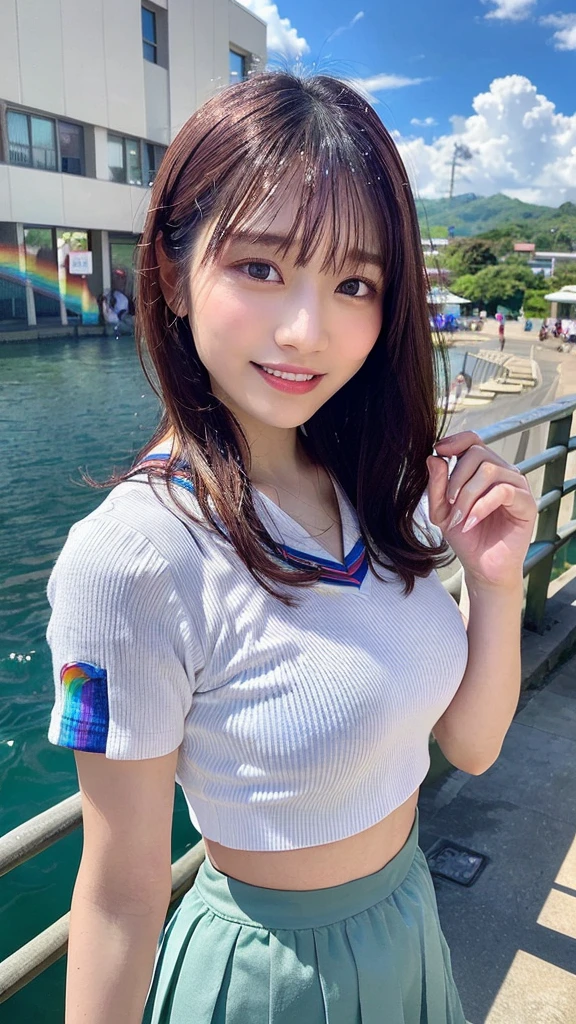 (best quality, 8k, 32k, masterpiece, UHD:1.2), (RAW photo), (realistic), (photorealistic:1.2), (high resolution), huge filesize, ultra-detailed, extremely beautiful face & eyes, 1girl, japanese elementary school student,14yo, 13yo, 12yo, round small face, thin waist, large breasts, slim proportions, thin thighs, (darkblue pleated mini skirt, japanese sailor, sailor fuku, serafuku, japanese school sailor suit), nice hands, perfect hands, accurate hand depiction, perfect thumb & fingers, sweaty, shy smile, pure white teeth, from below,(Sky after rain、A rainbow appears,rainbow background,Slope to sea,Clear skies with rainbow:1.35),(Droopy eyes, Natural Makeup、Ultra-high definition beauty face:1.25)、(Ultra high resolution perfect beautiful teeth, Mid-chest, Tight waist, smile:1.15)、Ultra HD Shining Eyes、Super high quality glossy lip