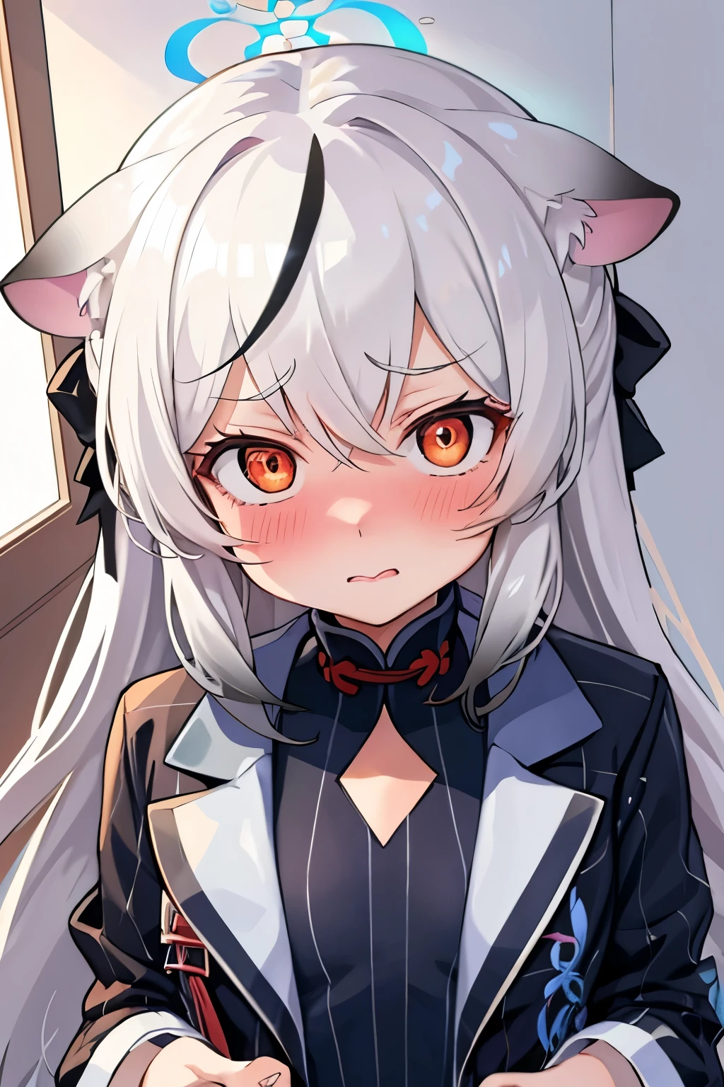 1girl, kokona, indoors, orange eyes, white hair, :3 mouth, embarrassed, beautiful eyes, beautiful lips, shiny lips, extremely detailed eyes and face, long eyelashes, close-up, warm lighting, vibrant colors, looking at the viewer, embarrassed look, blush, Winter suit, winter wonder