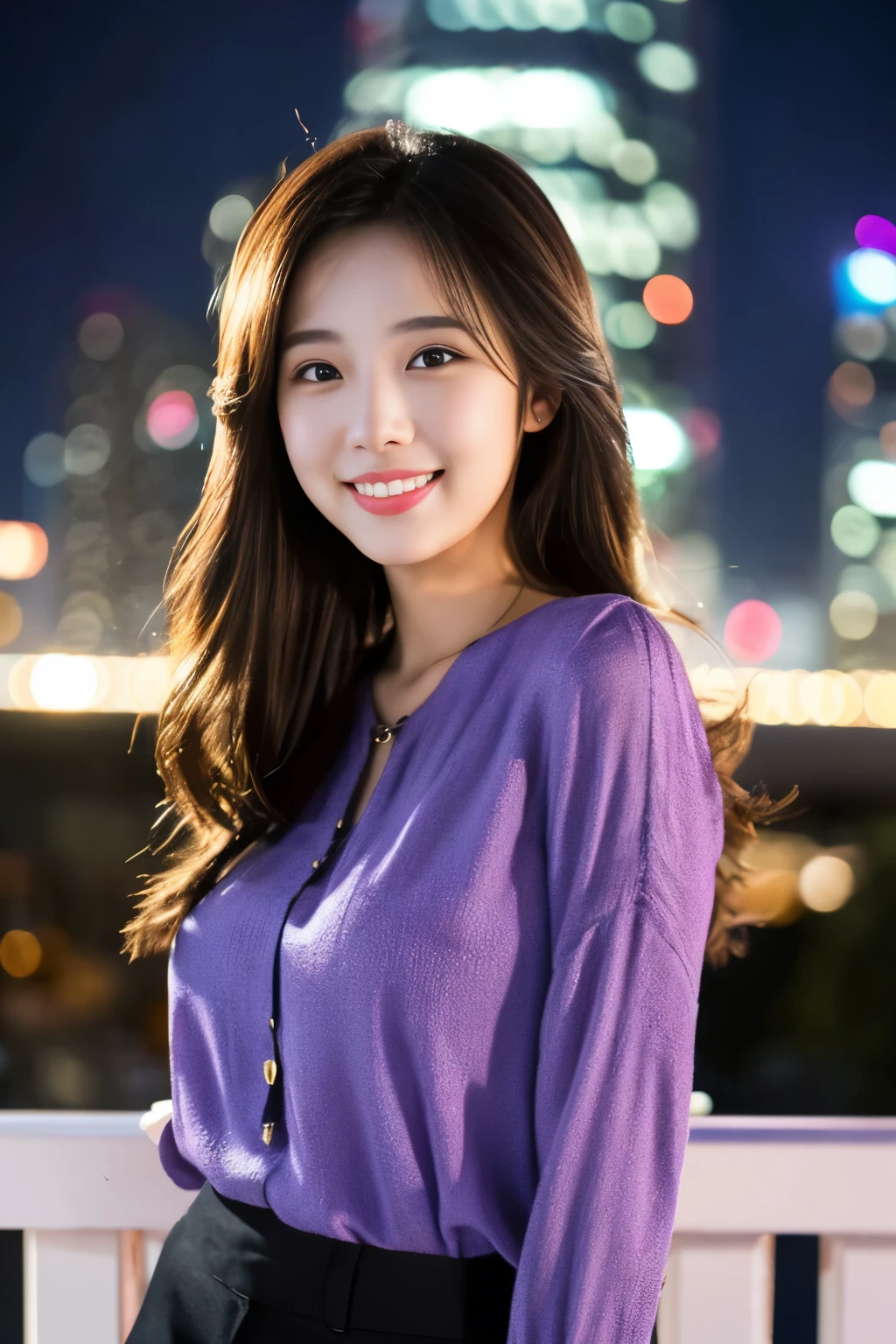 1 girl, (wearing a violet blouse:1.2), beautiful japanese actress,
(RAW photo, highest quality), (realistic, Photoreal:1.4), masterpiece,
very delicate and beautiful, very detailed, 2k wallpaper, wonderful,
finely, Very detailed CG Unity 8K wallpaper, Super detailed, High resolution,
soft light, beautiful detailed girl, very detailed目と顔, beautifully detailed nose, beautiful and detailed eyes, cinematic lighting,
break
(Against the backdrop of a snowy night cityscape 1.3), city lights,
perfect anatomy, slender body, smile, Face the front completely, look at the camera