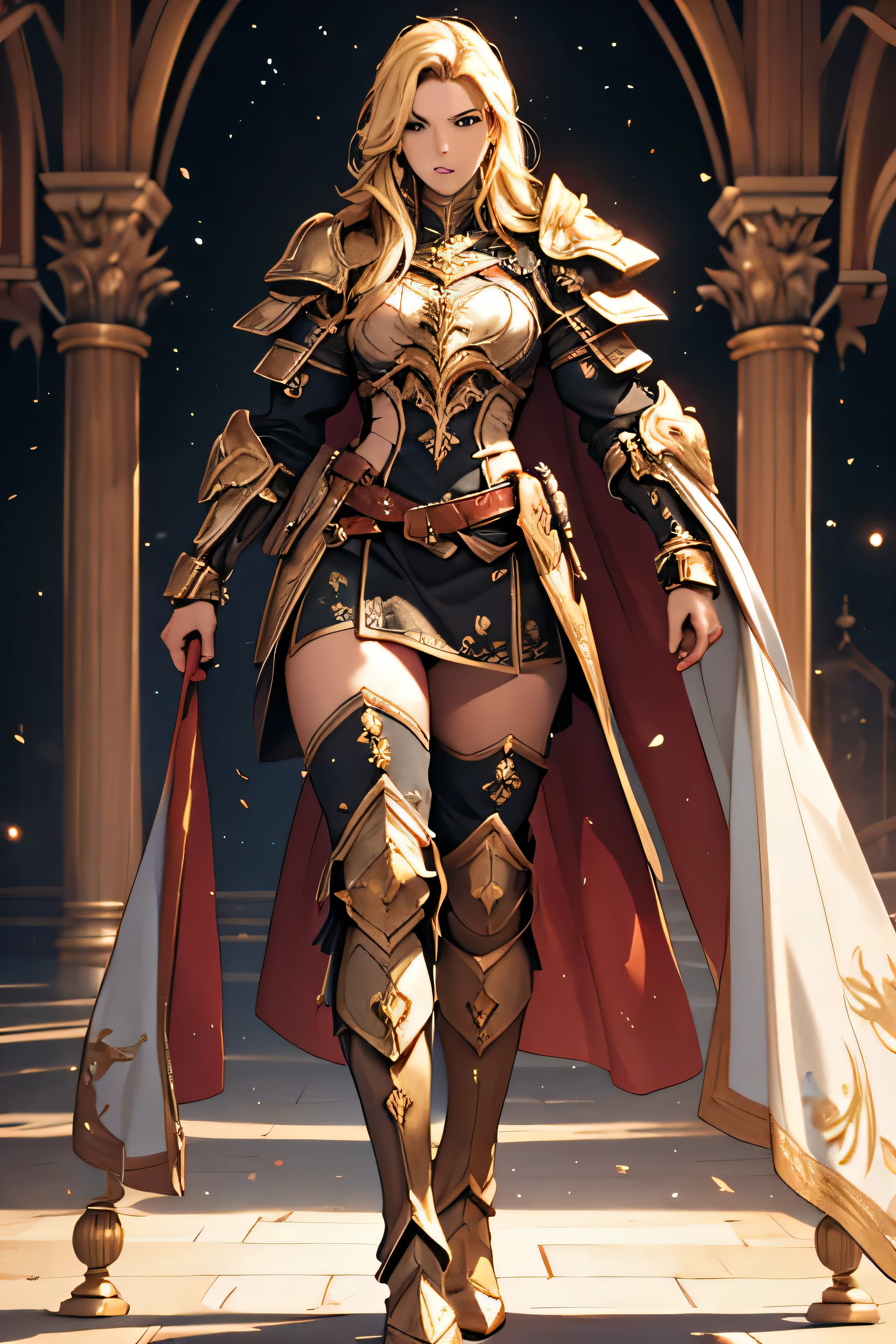 tmasterpiece，High-definition CG diagram，Beautiful female warrior，Detailed eyes and face，Tall figure，The blonde，Full armor attire，Extra-long boots，Wear knee-length boots，Over-the-knee stockings，Brilliant armor colors，Exquisite decoration，General temperament，Tall figure，Wide buttock，Thick legs，A majestic sight，Stand in the war