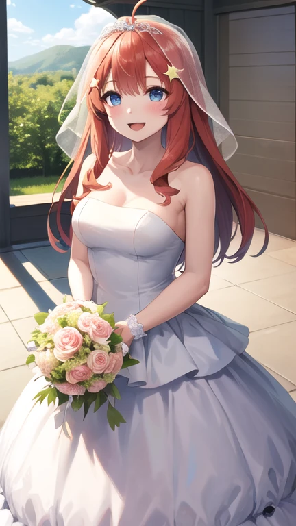 masterpiece, best quality, highres, aaitsuki, long hair, ahoge, star hair ornament, bridal veil, collarbone, bare shoulders, strapless, wedding dress, white dress, wrist cuffs, graden, standing, holding bouquet, smile, open mouth,