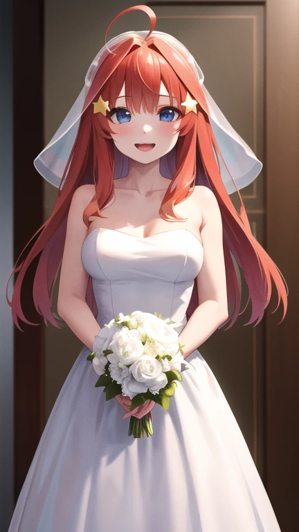 masterpiece, best quality, highres, aaitsuki, long hair, ahoge, star hair ornament, bridal veil, collarbone, bare shoulders, strapless, wedding dress, white dress, wrist cuffs, graden, standing, holding bouquet, smile, open mouth,