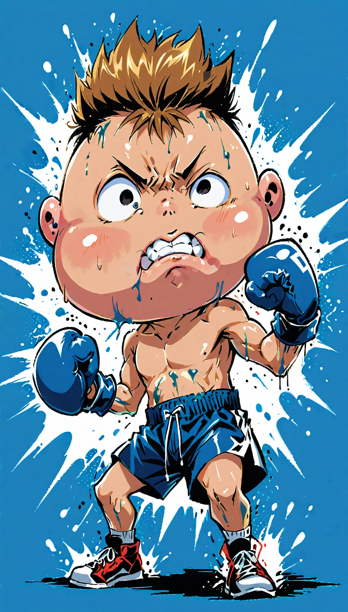 (in style of Takeshi Obata:1.3),
boxing posing, dynamic action, expressive action,boxing boy fullbody portrait,blue boxing gloves,(puffy eye sockets,bruising of the cheeks:1.8),boxing_shorts,