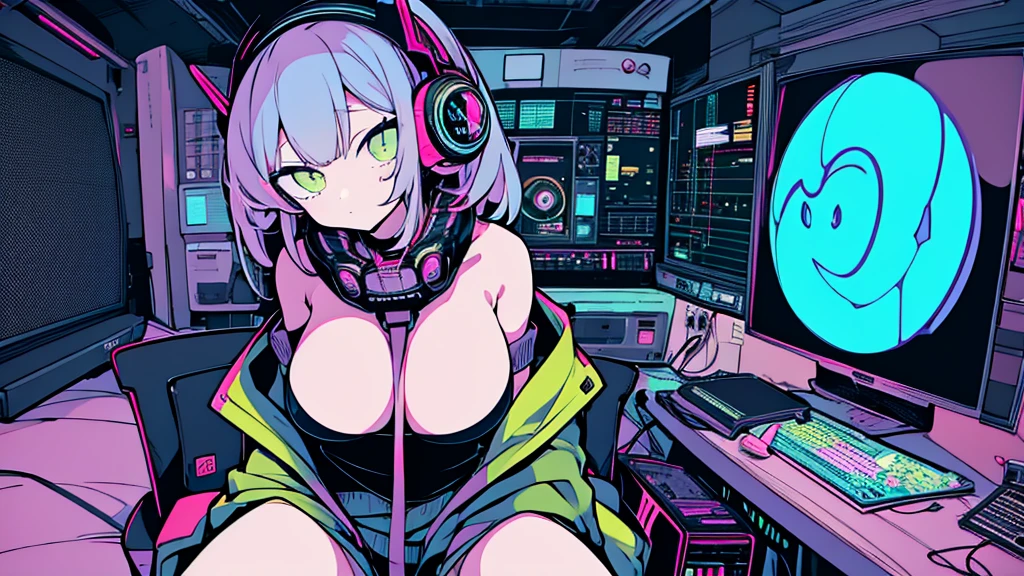 Best quality, (masterpiece:1.2), best detail face,1 girl, big breasts, 18 yo, 8k,absurdres,unity 8k wall paper,(extremely detailed:1.3), highest realistic, (retro headphones:1.1), (soft neon light:1.1), (floating hair:1.2), (psychedelic:1.2), Her room full of music equipment, Leaning back on the chair with a casual attitude, Light clothing in summer, dark yellow color palette
