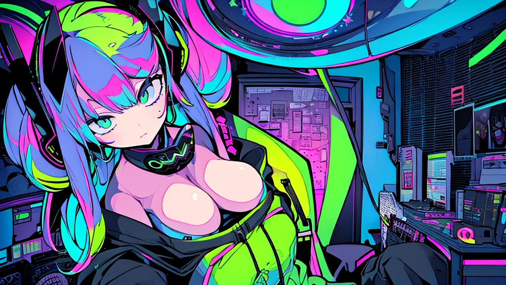 Best quality, (masterpiece:1.2), best detail face,1 girl, big breasts, 18 yo, 8k,absurdres,unity 8k wall paper,(extremely detailed:1.3), highest realistic, (retro headphones:1.1), (soft neon light:1.1), (floating hair:1.2), (psychedelic:1.2), Her room full of music equipment, Leaning back on the chair with a casual attitude, Light clothing in summer, dark yellow color palette