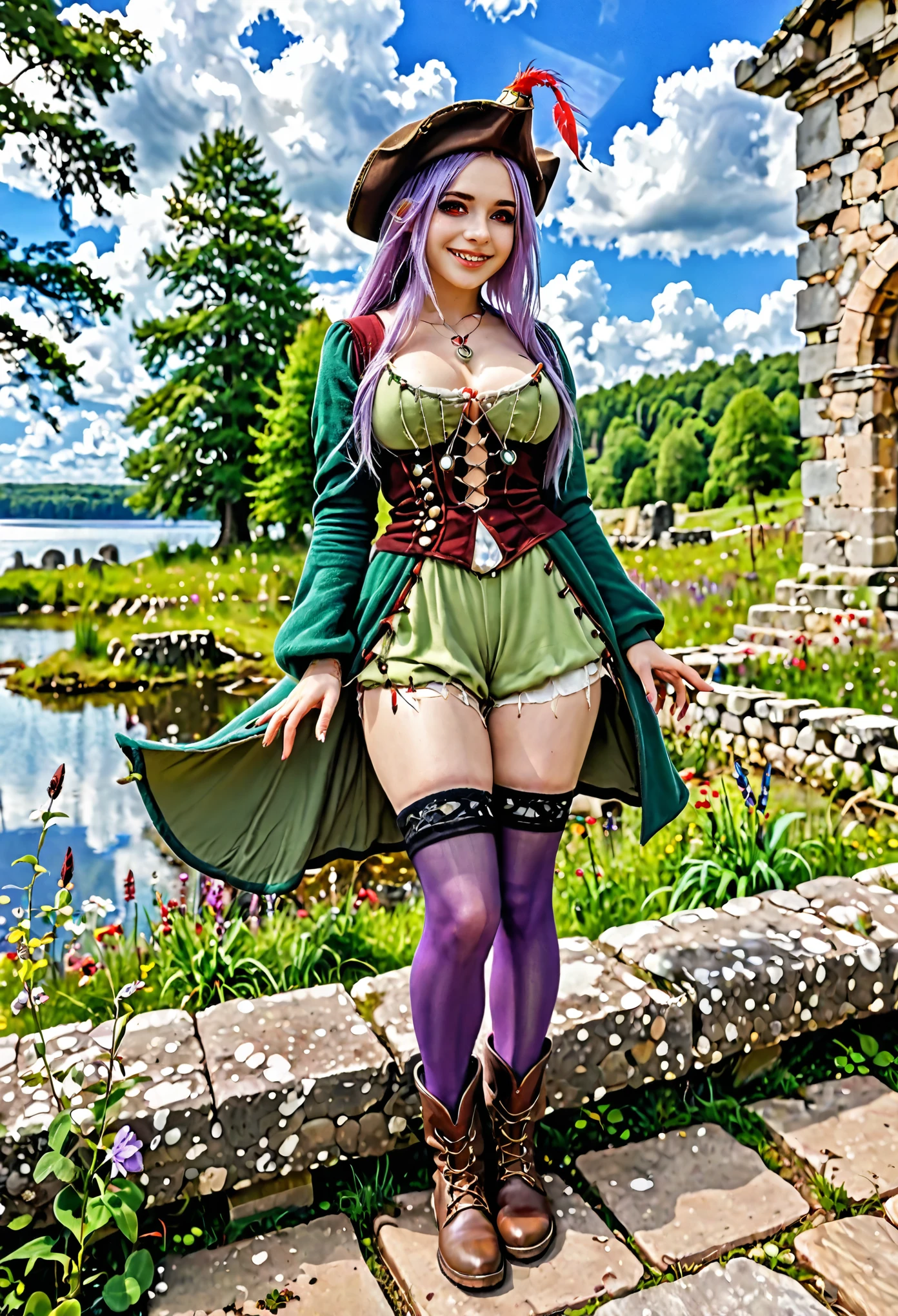 best quality, (masterpiece:1.2), illustration, absurdres,  (1girl, solo), (beautiful detailed girl),, Aeolia, lilac hair, long hair, red eyes, medium breasts,, happy, cheerful,, green hat, hat with feather ornament, green dress, green coat, (fantasy:1.1) (medieval:1.1) outfit, (black_pantyhose:1.1), white shirt, brown shorts, fleece lined boots, brown boots,, magical forest, flowers, fairy ring, ancient ruins, stone ruins, lake, sky, clouds