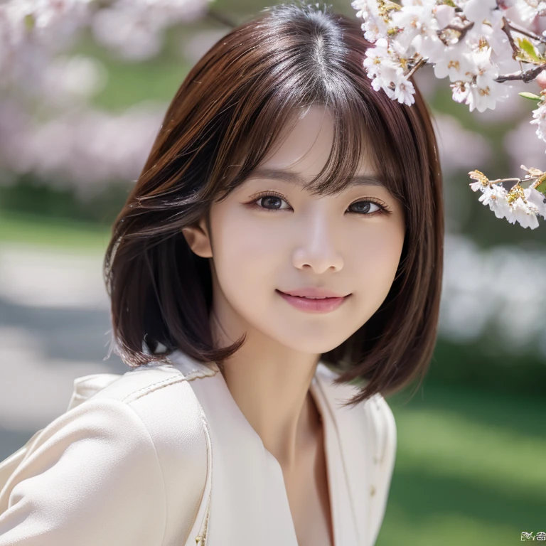 (masterpiece:1.3), (8k, Realistic, RAW Photos, Best image quality: 1.4), Fair-skinned fairy woman、Long Hair、Cleavage:2.0、Highly detailed face、Attention to detail、double eyelid、Chest to chest、Sharp focus:1.2、Beautiful woman:1.4、Silvery white hair、highest quality、masterpiece、超A high resolution、(Realistic:1.4)、Highly detailed and professionally lit smiles、Loose, Light, futuristic clothing、Shoulders out、thin、Serious expression、Short-haired、Deadly position、Cherry tree、Cherry blossoms fall、足元にthin霧