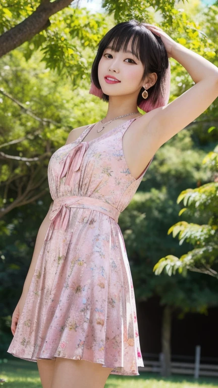 (8k, Photorealistic, Raw photo, Highest quality: 1.4),Japanese idol style1Beautiful girl of the person,18-year-old,Short bob hairstyle,(Silver Hair :1.4),She has her hair tucked behind her ears,She has small earrings in her ears,Big, clear grey eyes,Long eyelashes,Plump Cheeks,(She is applying lipstick,(Pink :1.4)),Apply gloss over your lipstick for glossy, plump lips,Smiling,A short pendant is hanging around her neck.,両手の爪に淡いPinkのマニキュアを塗っている,Both toenails have red nail polish,(She is wearing a sleeveless floral dress,(Dark colored base :1.4),(Long length :1.2)),barefoot,Standing on the grass under a tree in the park,(Full body portrait,(Angle from below :1.3))