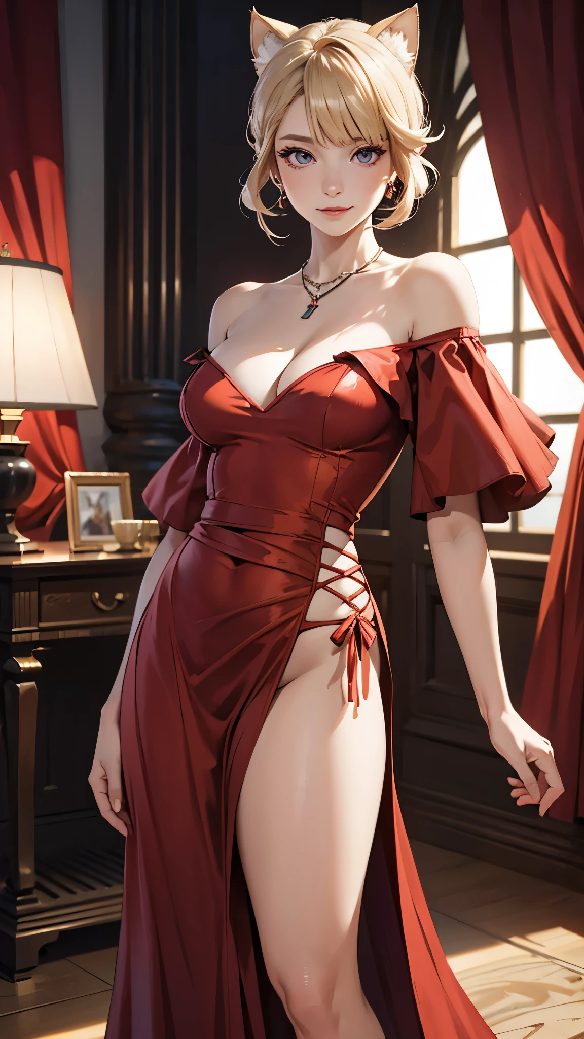 Sole female, Realistic, genshin impact, Lynette,wearing long party dress, revealing, (( waist split)), blonde, red dress, gentle smile, mansion, ((off shoulder)), cleavage,  cat ears, standing, necklace 